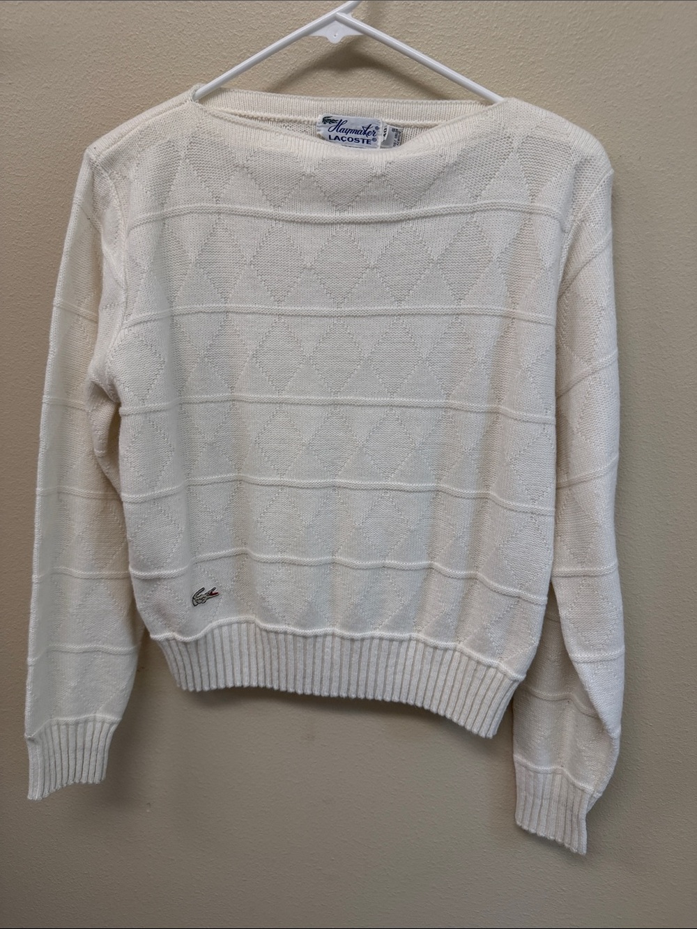 Lacoste Cream Diamond-Panel Crewneck Sweater Sz40 Measuring Small